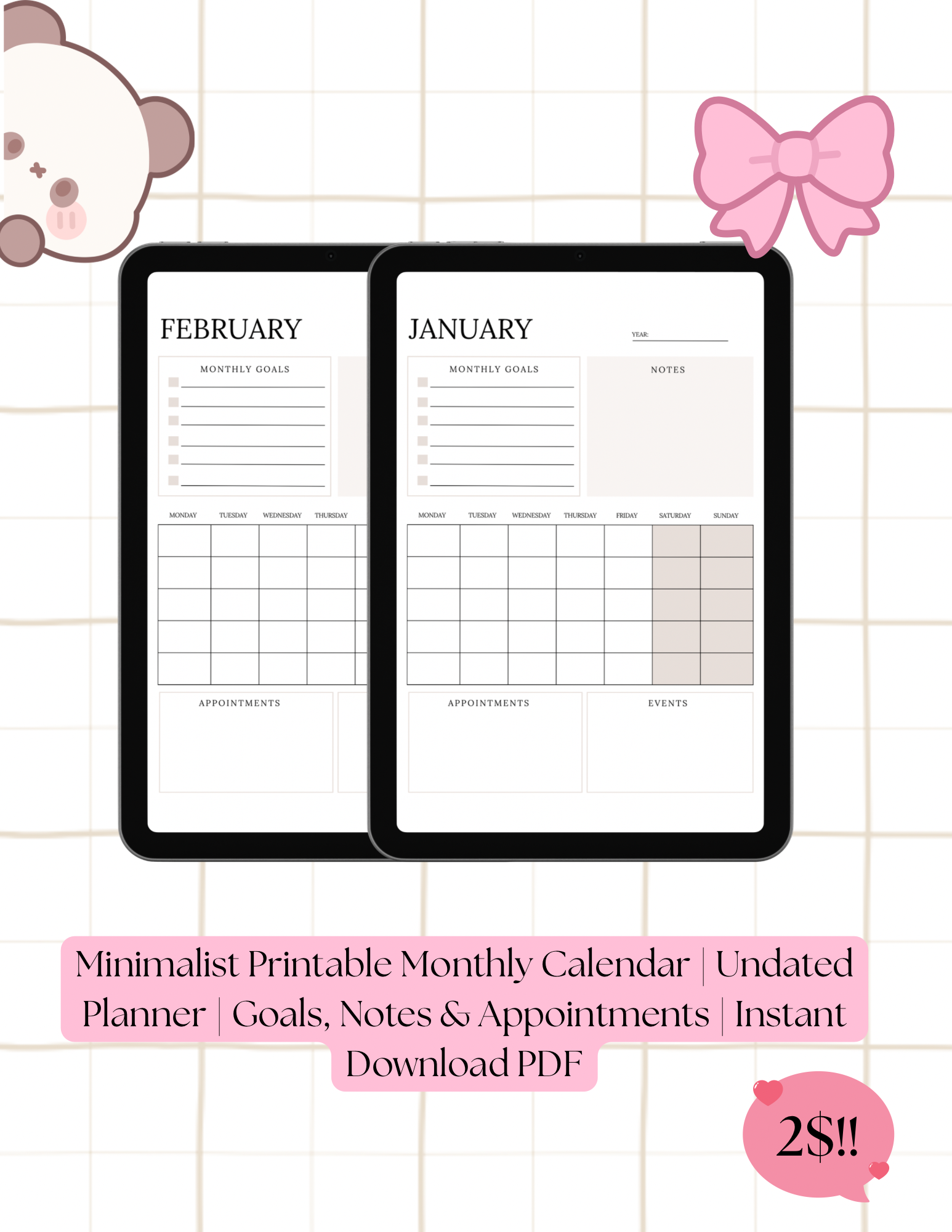 Minimalist Printable Monthly Calendar | Undated Planner | Goals, Notes & Appointments | Instant Download PDF